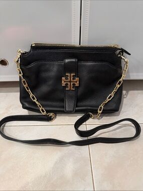 Tory Burch Black Leather Crossbody with Gold Logo and Chain